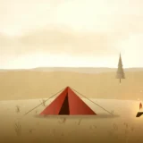 林のそばに張ったテントと焚き火の風景イラスト
