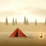林のそばに張ったテントと焚き火の風景イラスト