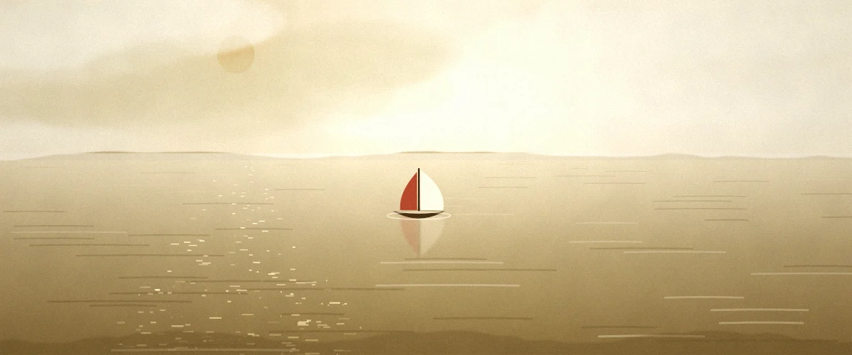 夕方の海と小さな帆船の風景イラスト