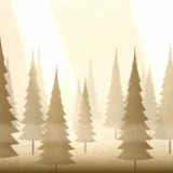 朝もやのかかった針葉樹林の風景イラスト
