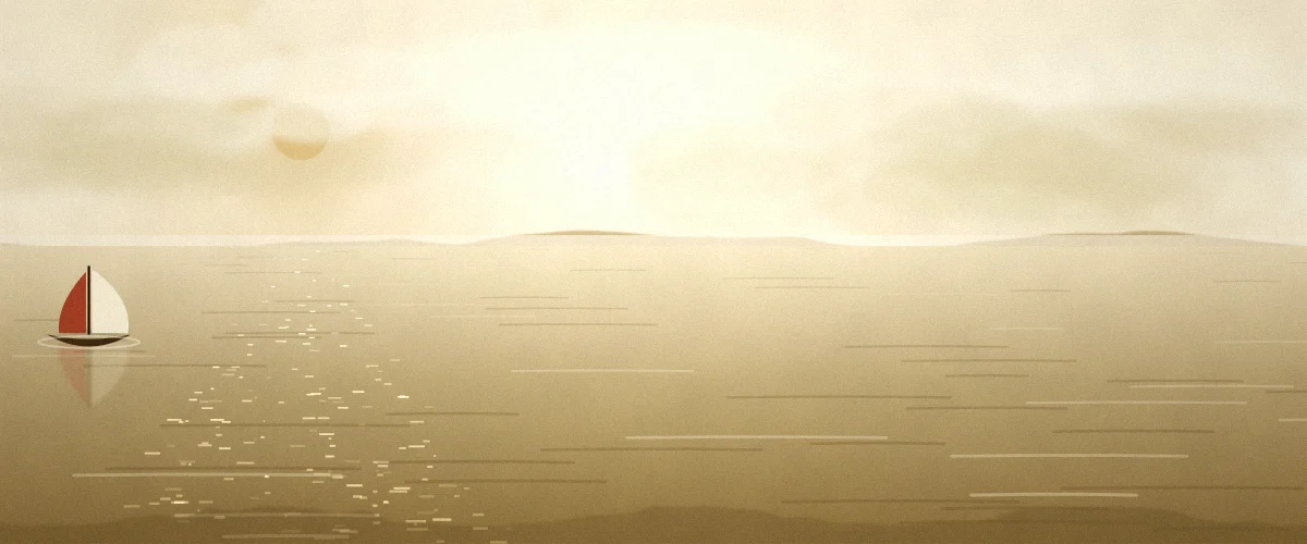 夕方の海と小さな帆船の風景イラスト