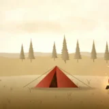 林のそばに張ったテントと焚き火の風景イラスト