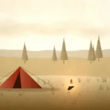 林のそばに張ったテントと焚き火の風景イラスト
