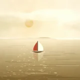 夕方の海と小さな帆船の風景イラスト