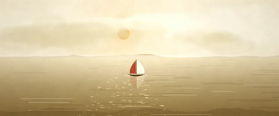 夕方の海と小さな帆船の風景イラスト