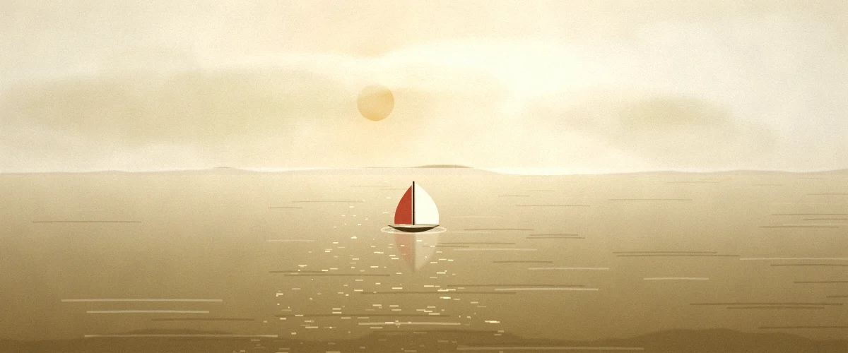夕方の海と小さな帆船の風景イラスト