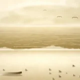 波打ち際と海鳥のいる砂浜の風景イラスト