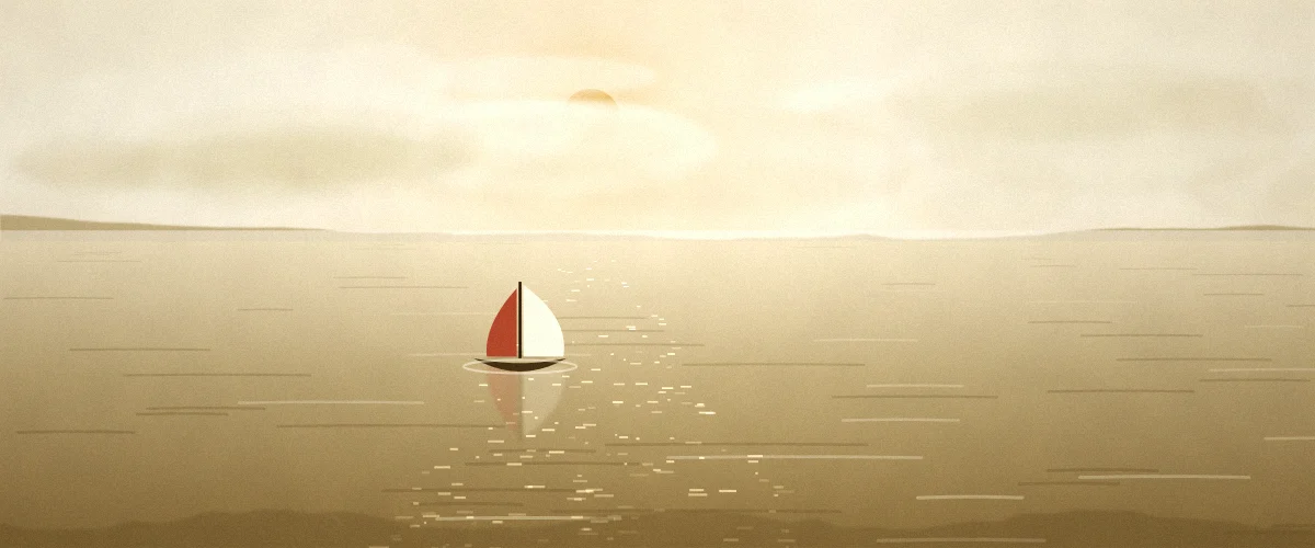 夕方の海と小さな帆船の風景イラスト