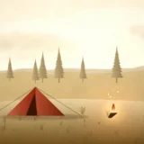林のそばに張ったテントと焚き火の風景イラスト