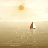 夕方の海と小さな帆船の風景イラスト