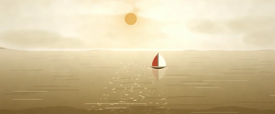 夕方の海と小さな帆船の風景イラスト