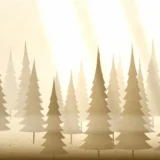 朝もやのかかった針葉樹林の風景イラスト