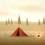 林のそばに張ったテントと焚き火の風景イラスト