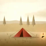 林のそばに張ったテントと焚き火の風景イラスト