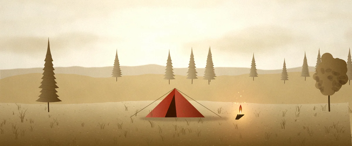 林のそばに張ったテントと焚き火の風景イラスト