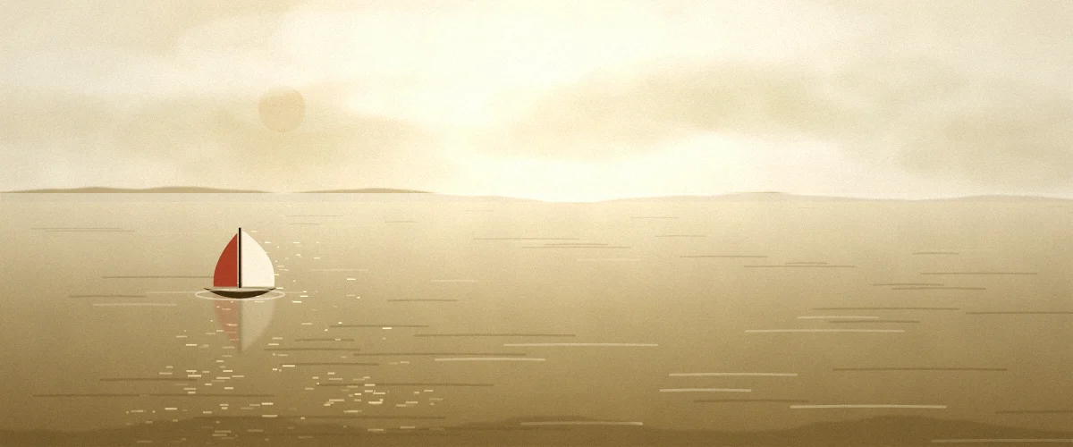 夕方の海と小さな帆船の風景イラスト