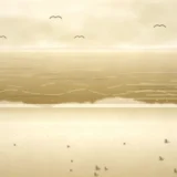 波打ち際と海鳥のいる砂浜の風景イラスト