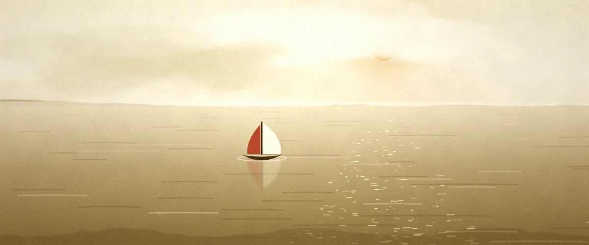 夕方の海と小さな帆船の風景イラスト
