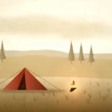 林のそばに張ったテントと焚き火の風景イラスト