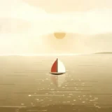夕方の海と小さな帆船の風景イラスト