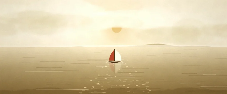 夕方の海と小さな帆船の風景イラスト