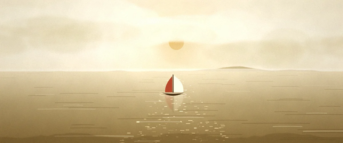 夕方の海と小さな帆船の風景イラスト